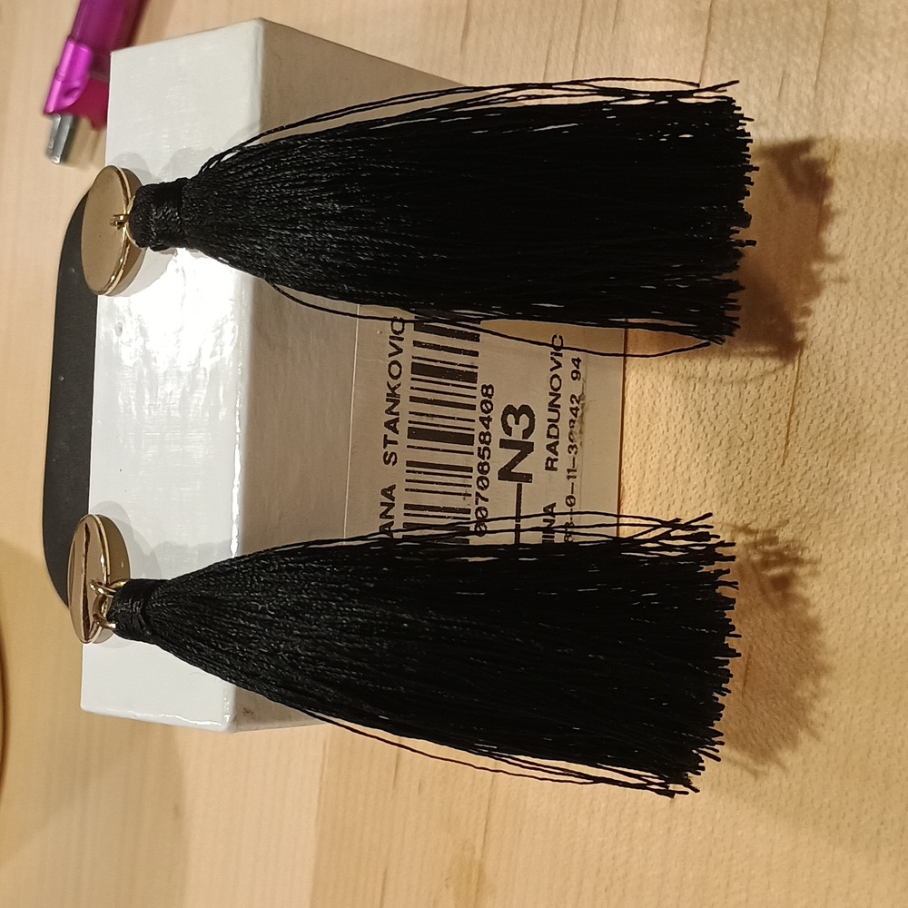 Chic Black Tassel Earrings with Gold Discs - Picture 2 of 6